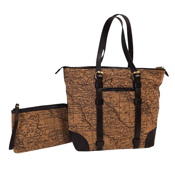 PATRICIA NASH Montry Jacquard Fabric Leather Map Tote Purse + Zip Bag Travel - Picture 1 of 16
